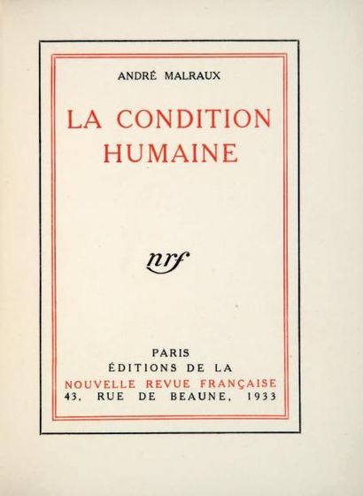 MALRAUX (André) LA CONDITION HUMAINE. Paris, Gallimard, 1933. In-4, maroquin bordeaux...