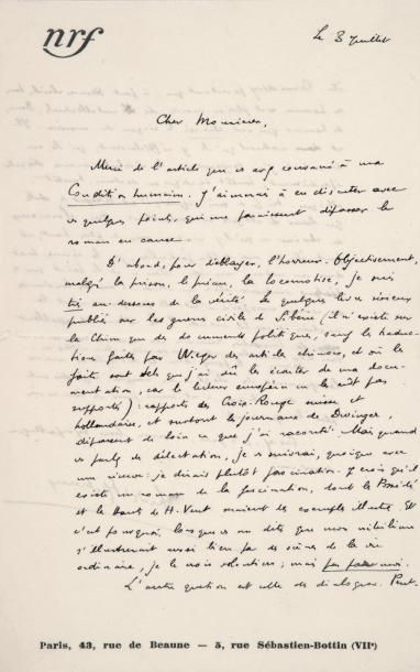 MALRAUX (André) Lettre autographe signée à un critique, datée Le 3 juillet [1933],...