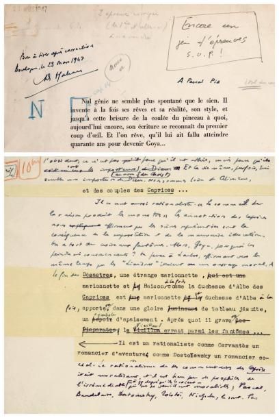 MALRAUX (André) DESSINS DE GOYA. Dactylographie avec corrections autographes (ratures...