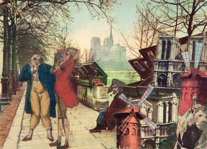 PREVERT (Jacques) Collage original sur une carte postale en couleurs: Paris - Les...
