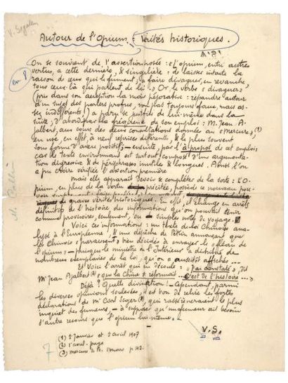 SEGALEN (Victor) LA PAIX À L'OPIUM. - AUTOUR DE L'OPIUM. Deux manuscrits autographes,...