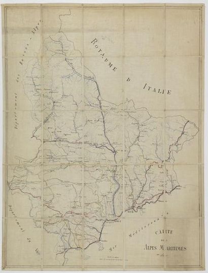 ANONYME Carte des Alpes Maritimes. Après 1860. Limites en col. d'époque. Carte manuscrite...