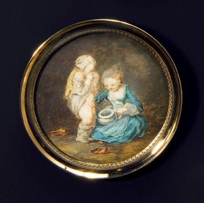 Entourage de Jean-Honoré FRAGONARD (1732 - 1806) La toilette Miniature ronde, gouache...
