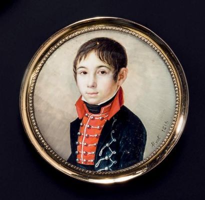 FINOT (actif vers 1805 - 1816) Portrait d'un jeune garçon en uniforme militaire bleu...