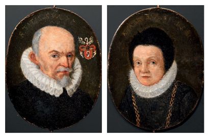 ECOLE FLAMANDE, VERS 1590 Double portrait figurant un couple d'aristocrates, en pourpoint...