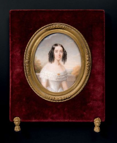 PIERRE DAUBIGNY (PARIS 1793-1858) Portrait d'une jeune fille en robe de voile blanc...