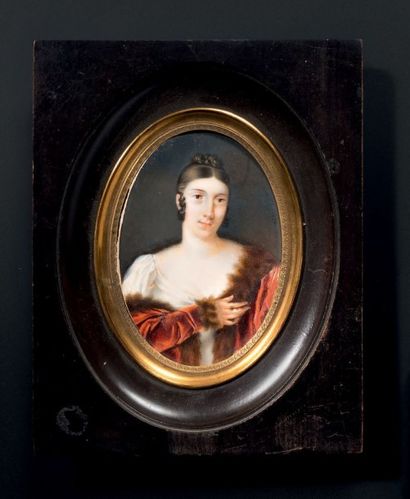 PIERRE-LOUIS BOUVIER (1765-1836) Portrait de jeune femme en robe blanche et manteau...