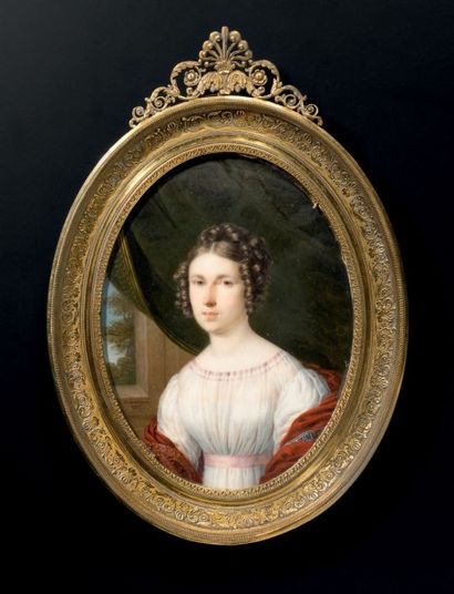 ANDRÉ-LÉON LARUE DIT "MANSION" (1785-APRÈS 1834) Portrait de jeune femme en robe...