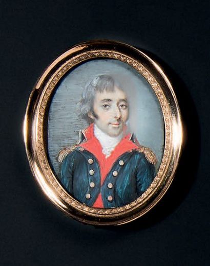 École FRANÇAISE vers 1790 Portrait d'un général en uniforme bleu, gilet rouge, épaulettes...