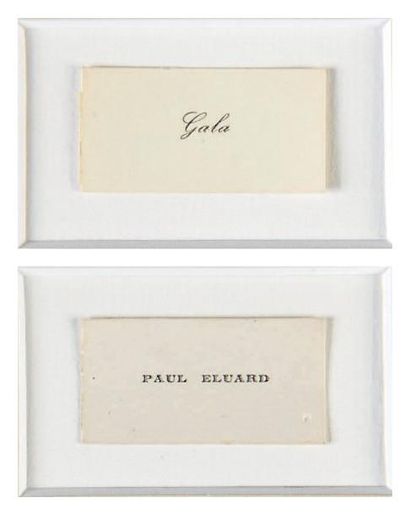 ELUARD Paul et Gala 2 CARTES DE VISITE. 1917. 2 x 3,5 cm chacune, sous encadrement.... Gazette Drouot