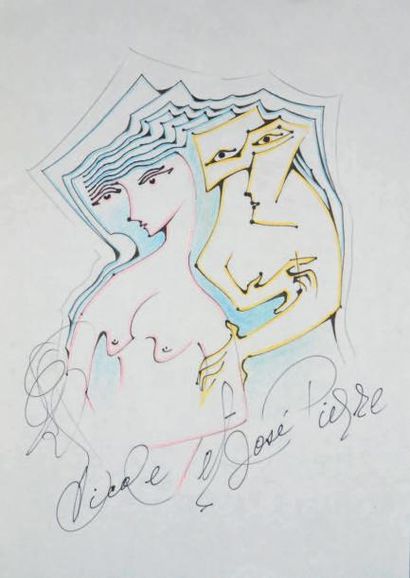 FERRER Joachin NICOLE ET JOSÉ PIERRE. DESSIN ORIGINAL SIGNÉ. Circa 1980. 29,5 x 31...