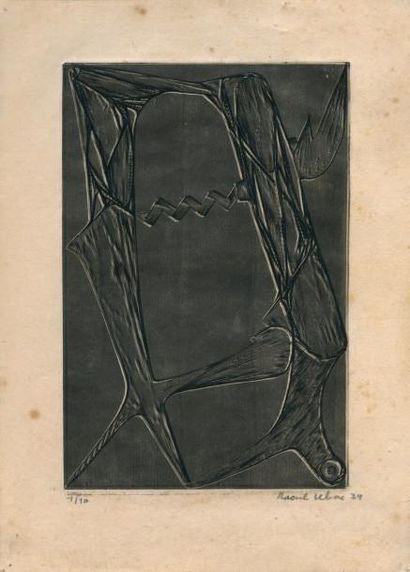 UBAC Raoul GRAVURE REHAUSSÉE SIGNÉE.1939. 27,4 x 19,7 cm, sous encadrement. Rare...