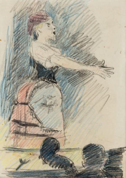 LOUIS HAYET 1864-1940 Chanteuse sur scène (Yvette Guilbert?), vers 1885-1887 Dessin...