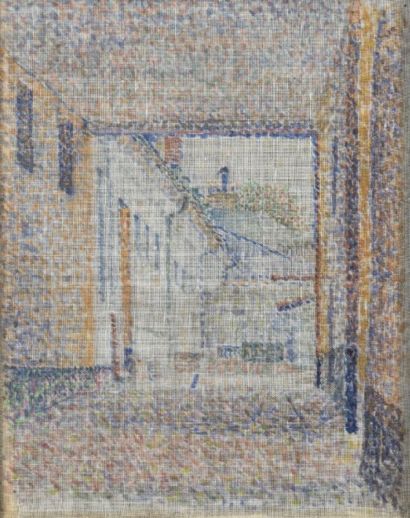 LOUIS HAYET 1864-1940 Vue sur la ferme, 1895 Technique mixte sur tarlatane transparente...