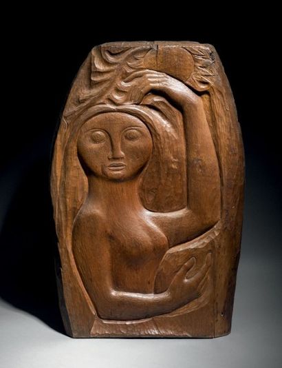 Anton PRINNER (1902-1983) Femme au tournesol Panneau de bois sculpté Signé au verso...
