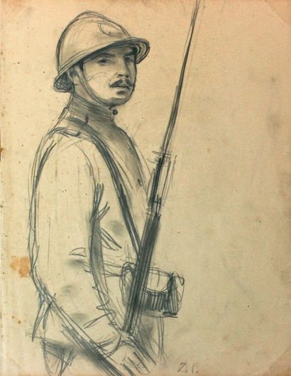 STELLETSKI Dimitri (1875 - 1947) Portrait d'un militaire. Crayon sur feuille de papier...