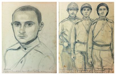 STELLETSKI Dimitri (1875 - 1947) Soldats russes, 2 dessins. Crayon, 2 pages de carnet...