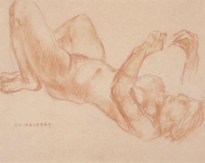 CHARLES MALFRAY (1887-1940) Femme allongée sur le dos bras en l'air Sanguine Signé:...