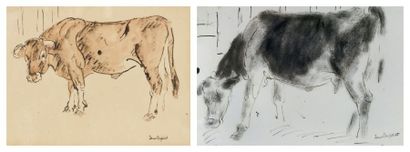Jane POUPELET (1874-1932) Deux dessins: - Vache noire Encre de Chine Cachet: Jane...