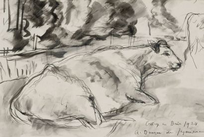 André DUNOYER DE SEGONZAC (1884-1974) Vache couchée, 1924 Encre de Chine et lavis...