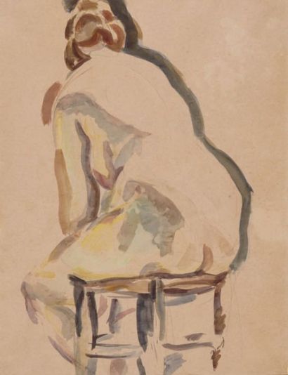 Maurice LOUTREUIL (1885-1925) Nu féminin de dos assis sur un tabouret Encre et aquarelle...
