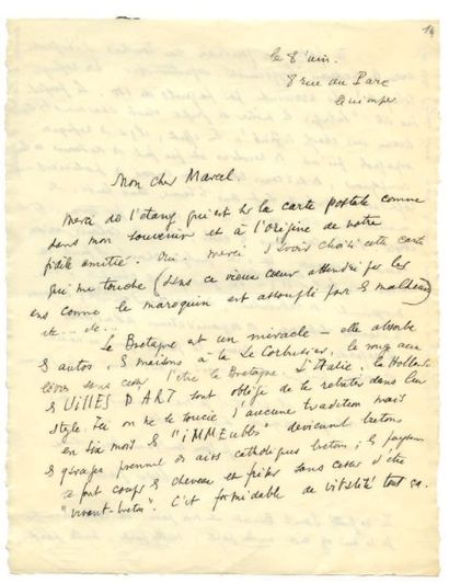 JACOB Max LETTRE AUTOGRAPHE SIGNÉE À MARCEL BÉALU. [1937]. 2 pages in-4. Lettre autographe...