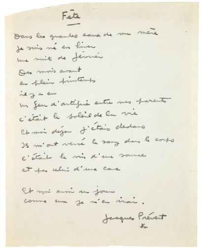 PRÉVERT Jacques FÊTE. POÈME AUTOGRAPHE SIGNÉ. Circa 1950. 33 x 25,5 cm, sous encadrement....