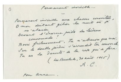 CHAR René PERMANENT INVISIBLE. POÈME AUTOGRAPHE SIGNÉ. Les Busclats, 30 août 1966....
