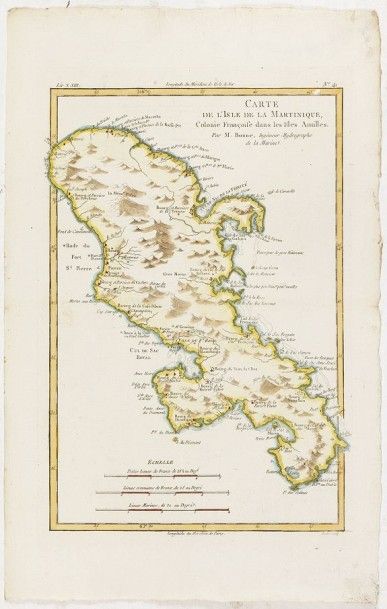 BONNE. Carte de l'Isle de la Martinique. Paris, ca. 1780. Col. Pli médian. 320 x...