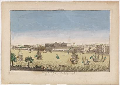 HUQUIER FILS Vue de Pondichery dans les Indes Orientales. Paris, ca. 1780. Col. d'époque....