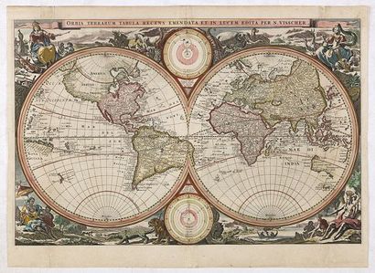 VISSCHER, N. Orbis Terrarum Tabula. Amsterdam, 1663. Col. Habilement restauré en...