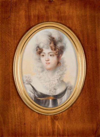 Jean-Baptiste ISABEY (1767-1855) 
Portrait de femme coiffée de plumes
Miniature ovale,...