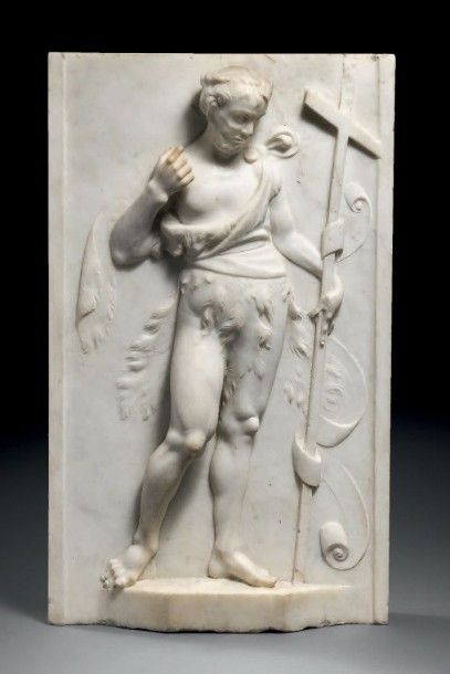 null GRANDE PLAQUE en marbre de Carrare sculptée en fort relief représentant saint
Jean-Baptiste....