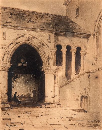 Louis DAGUERRE (1787-1851) 
Parvis ou cour d'une abbaye gothique
Dessin fumée (vers...