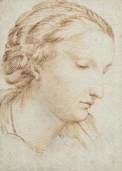 ECOLE DE BARTOLOMEO PASSAROTTI (BOLOGNE 1529 - 1592) 
Tête de femme
Plume et encre...