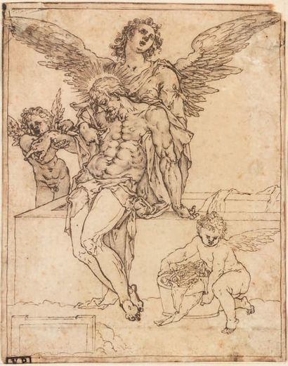 ENTOURAGE DE MARTIN DE VOS (ANVERS 1532 - 1603) 
Le Christ mort soutenu par un ange
Plume...