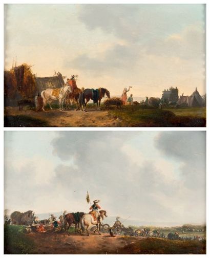 ATTRIBUÉ À MICHEL HAMON DUPLESSIS (ACTIF VERS 1791-1799) 
Convoi militaire et scène...
