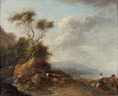 ATTRIBUÉ À JACQUES PHILIPPE DE LOUTHERBOURG (1740 - 1812) 
Bergers près d'une cascade
Toile...