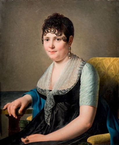 Ecole FRANÇAISE vers 1830 
Portrait de femme assise
Sur sa toile d'origine
74 x 59,5...
