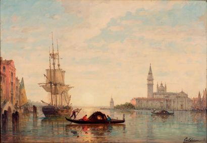 Charles CALDERON (1870-1906) 
Venise, le quai des esclavons et San Giorgio Maggiore
Huile...