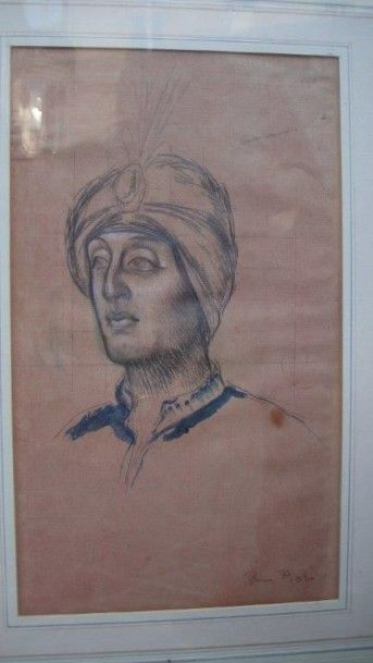 René PIOT (1869-1934) Portrait d'homme au turban en buste
Crayon et rehauts d'aquarelle...