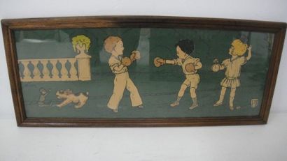 A.Guyon (?) Enfants boxant
Estampe contrecollée sur papier.
A vue: 26,5 x 68 cm
