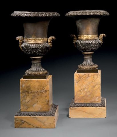 null Paire de vases Médicis en bronze à patine et bronze ciselé doré à décor de tors...
