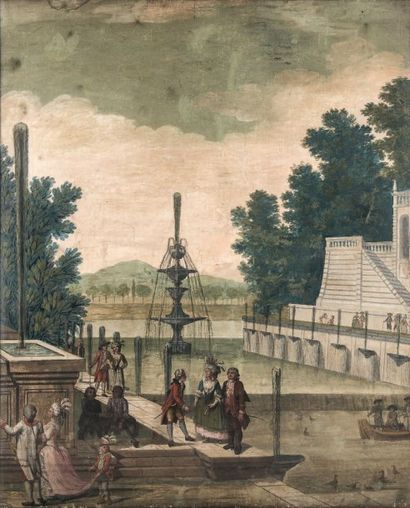 École FRANÇAISE de la fin du XVIIIe siècle Promenade dans le parc du château
Gouache...