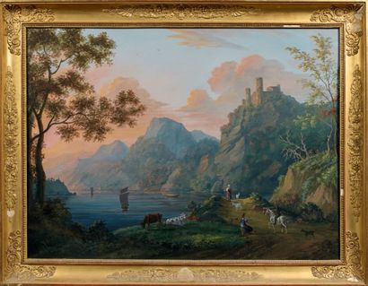 Ecole SUISSE vers 1800 L'île d'Ermenonville, tombeau de J.J. Rousseau
Paysage animé...