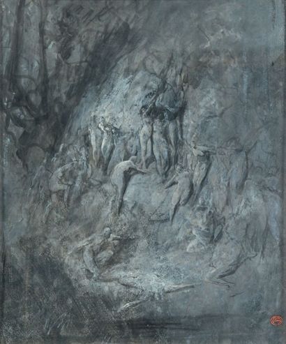 Gustave DORÉ (1832-1883) La mort d'Orphée
Dessin au lavis gris et rehauts de gouache...