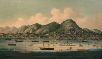 Ecole chinoise fin des années 1860 Vue de Hong Kong depuis la baie: bateaux européens...