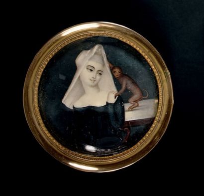 null Ecole française vers 1780
Portrait d'une jeune none tenant la main d'un singe.
Miniature...