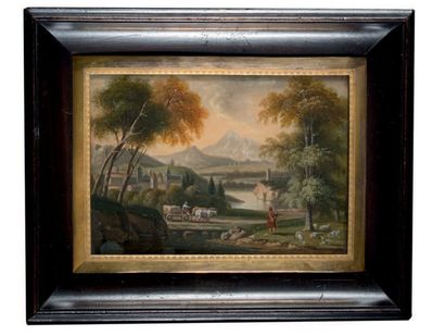 École FRANÇAISE vers 1810 Deux paysages lacustres animés de personnages, barques...