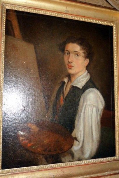Ecole française première moitié XIXème 
Huile sur toile.
"Portrait d'un peintre".
H....